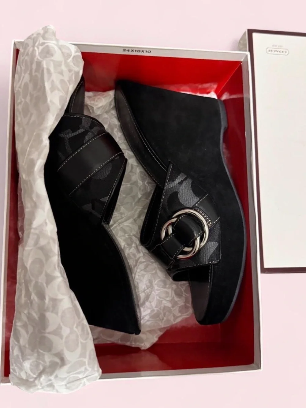 Coach Black Suede Wedge Slide Sandals with Buckle Detail